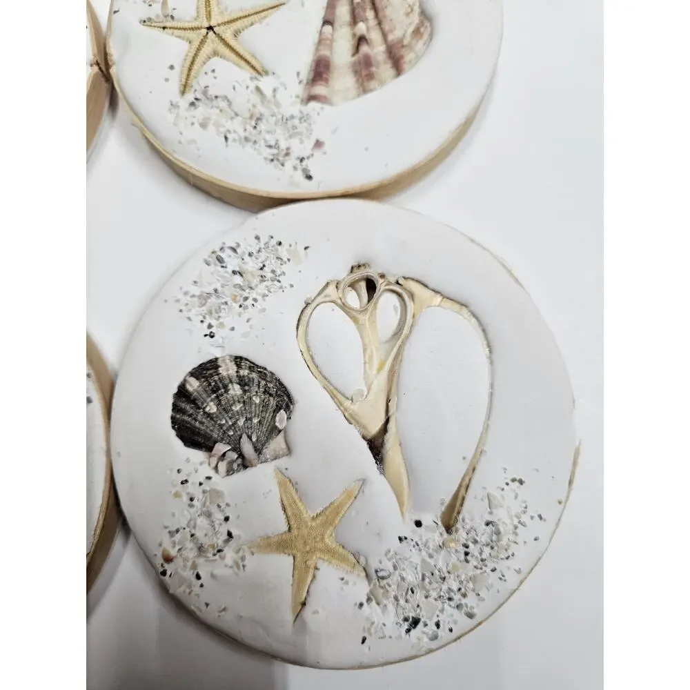 4 Beach Coasters Coastal Decor Seashells Sand Sea Glass 4.25” Round Cork Back